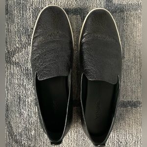 Vince black leather loafers, size 8.5. Slight patent leather look with texture.